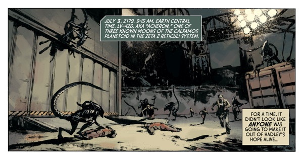 The first panel of the series is literally a copy of a screenshot from Gearbox's Aliens - Colonial Marines.  Aliens - Fire and Stone Review
