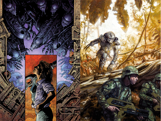 Cover art for Predator: Life & Death #2 and the Mark Nelson variant of Aliens: Defiance #1.  Predator: Life and Death #1 Preview