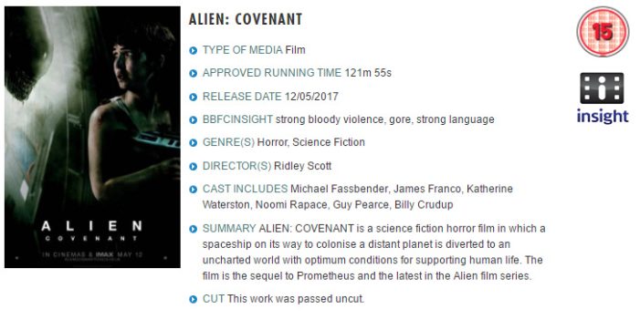  Alien Covenant Officially Rated 15 in UK