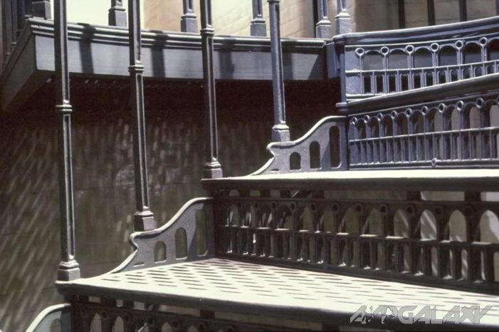 The cast-iron spiral staircase built by production designer Norman Reynolds.
