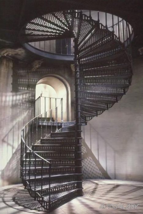 The cast-iron spiral staircase built by production designer Norman Reynolds.