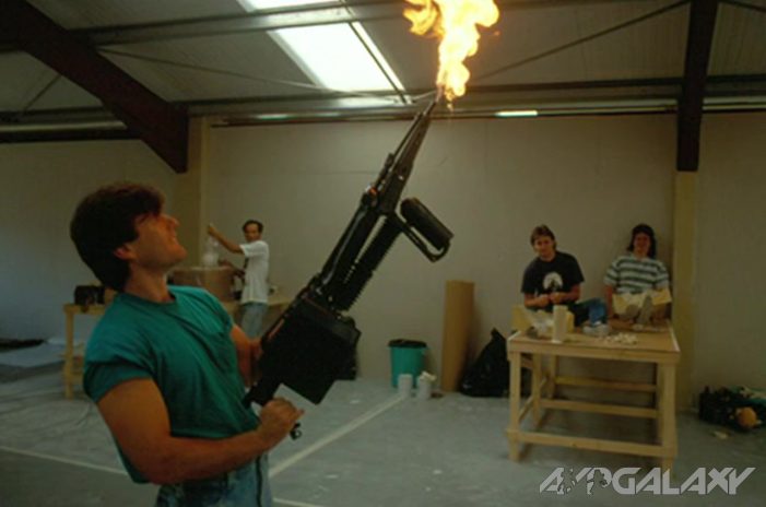 Alec Gillis tests the flamethrower.