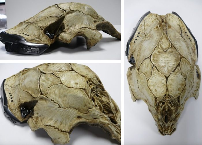Feral Predator’s finished bone helmet…
